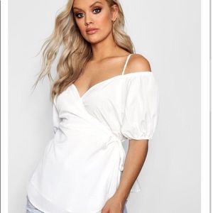 Boohoo white off the shoulder wrap top
